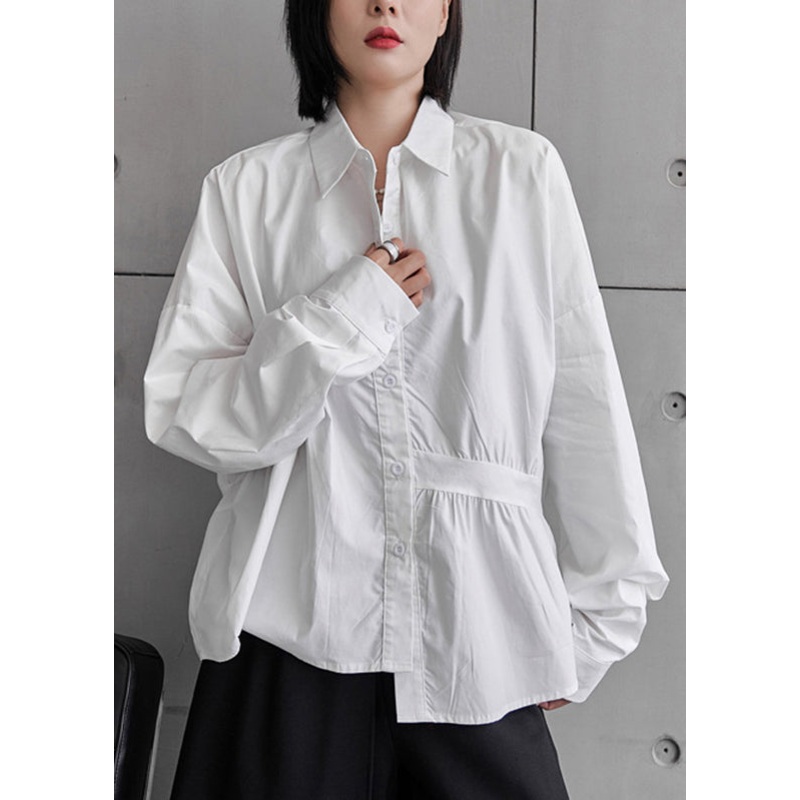White Peter Pan Collar Low High Design Cotton Shirt Long Sleeve