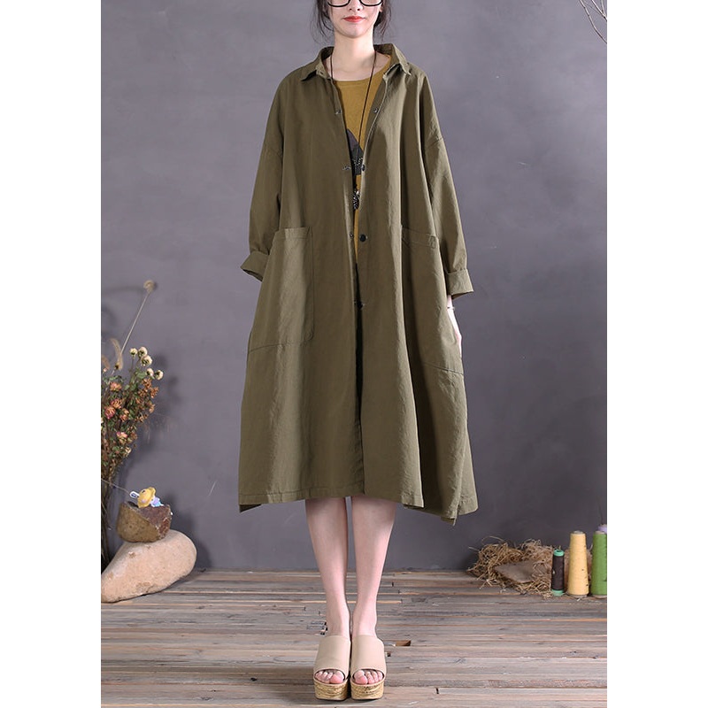 Women Army Green Peter Pan Collar Button Cotton Trench Coats Long Sleeve
