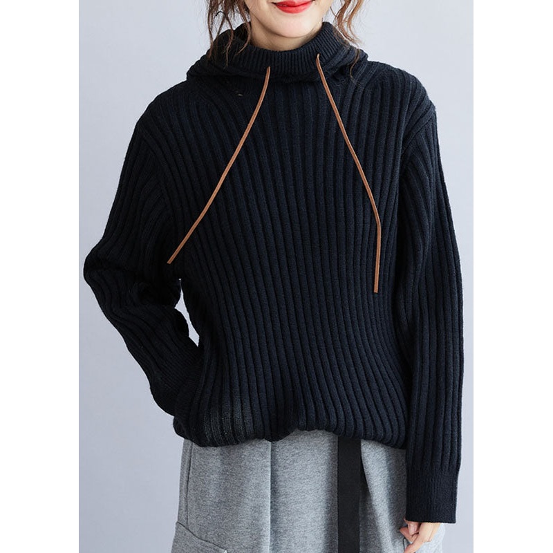Women Black Hooded Drawstring Thick Knit Pullover Winter