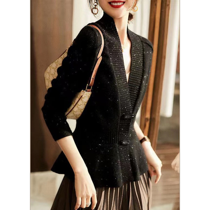 Women Black V Neck Dot Button Thick Cashmere Sweater Long Sleeve