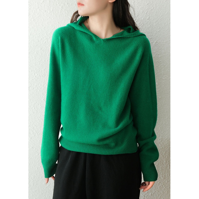 Women Green Hooded Thick Solid Color Wool Sweaters Winter