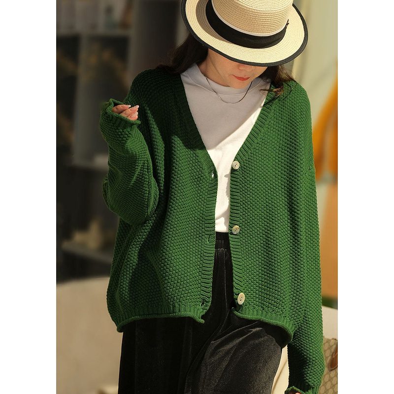 Women Green V Neck Button Knit Loose Cardigans Fall
