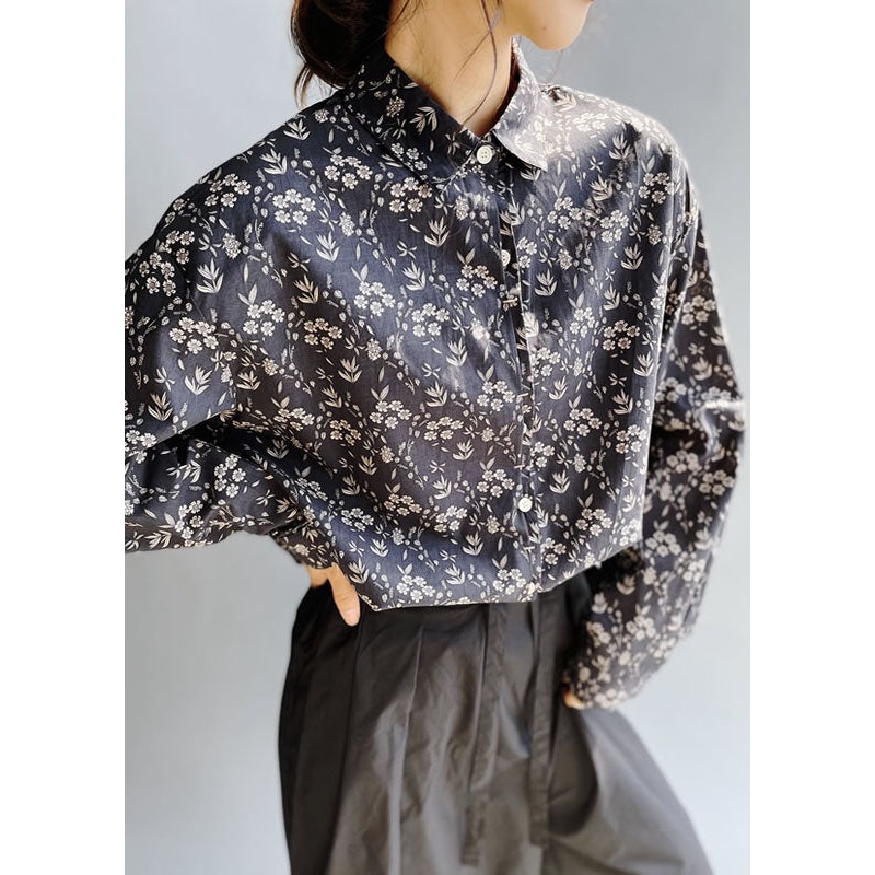 Women Navy Peter Pan Collar Print Cotton Shirt Top Fall