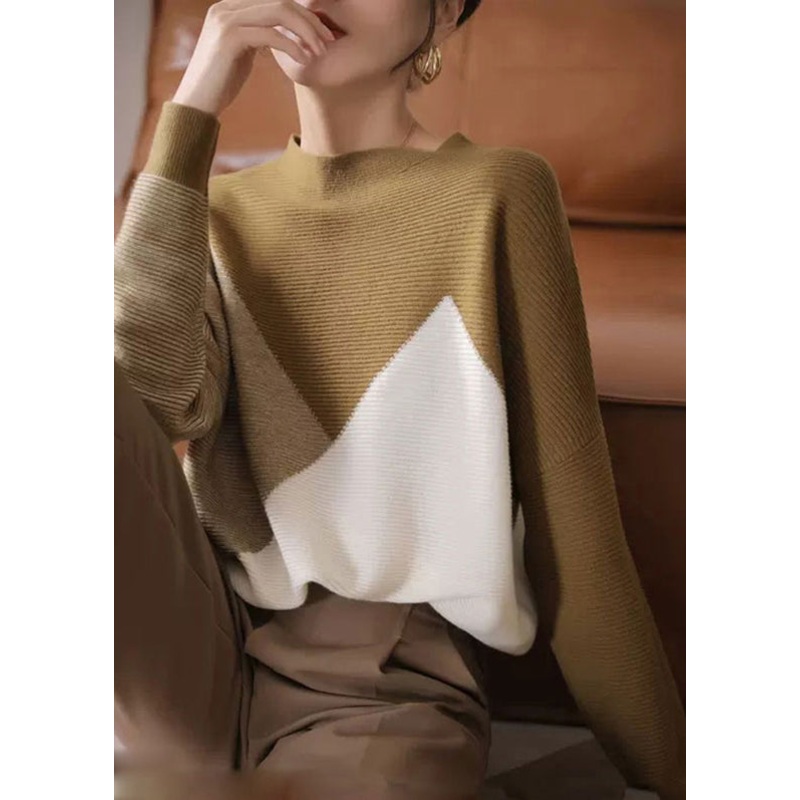 Women O-Neck Patchwork Thick Woolen Knitted Sweaters Long Sleeve