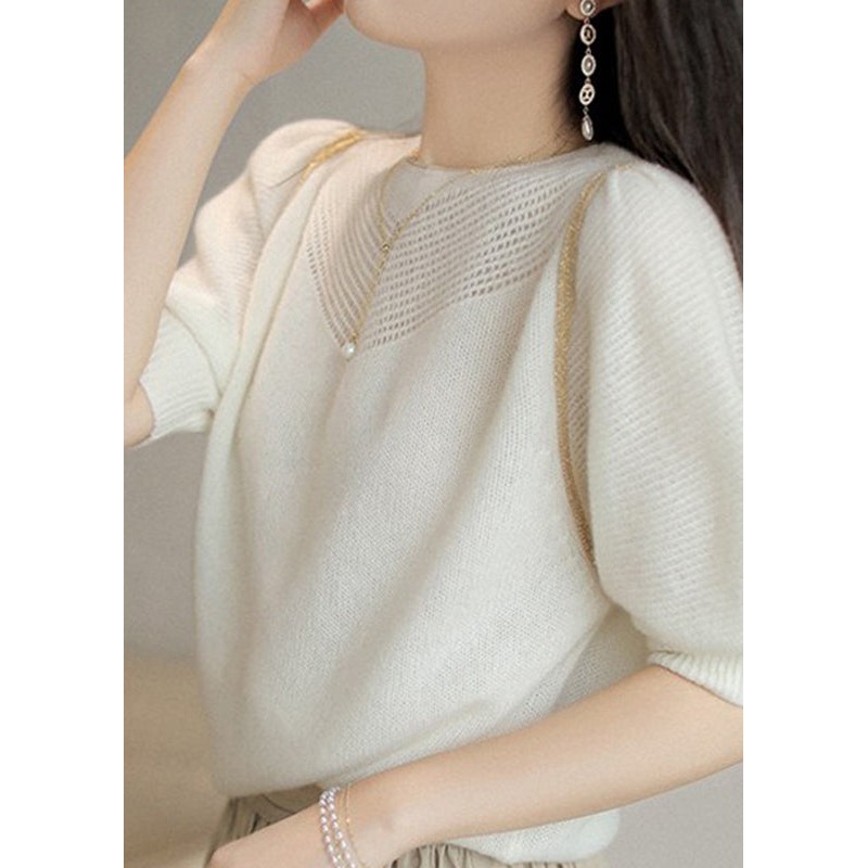 Women White O-Neck Hollow Out Wool Sweaters Puff Sleeve