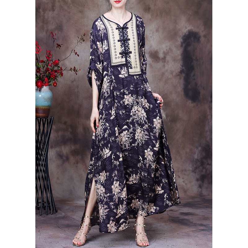 Women Yellow Print O-Neck Side Open Silk Ankle Dress Long Sleeve