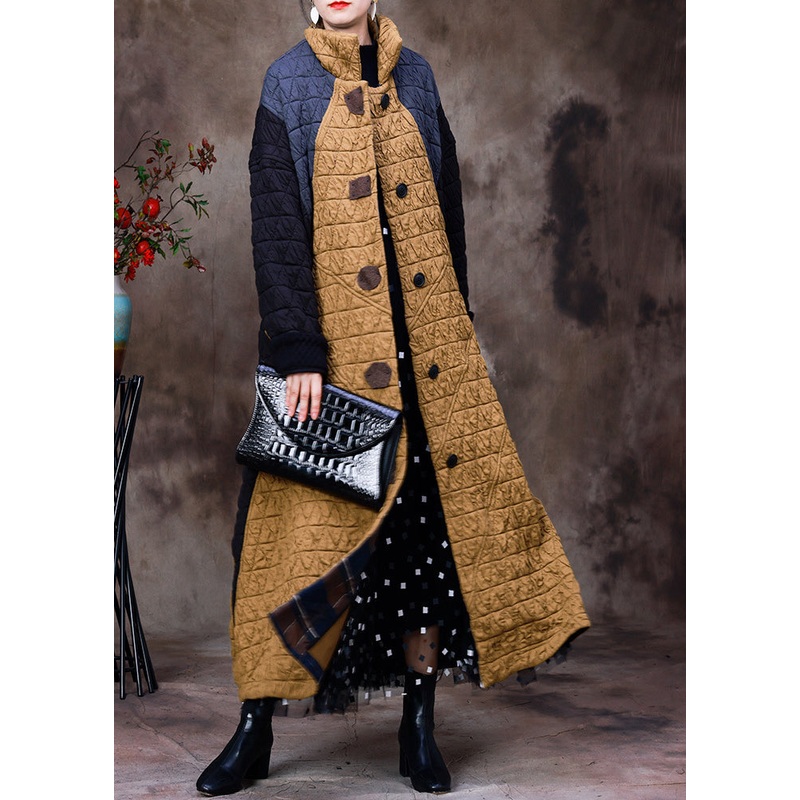 Women Yellow Stand Collar Patchwork Button Removable Cotton Maxi Coats Long Sleeve