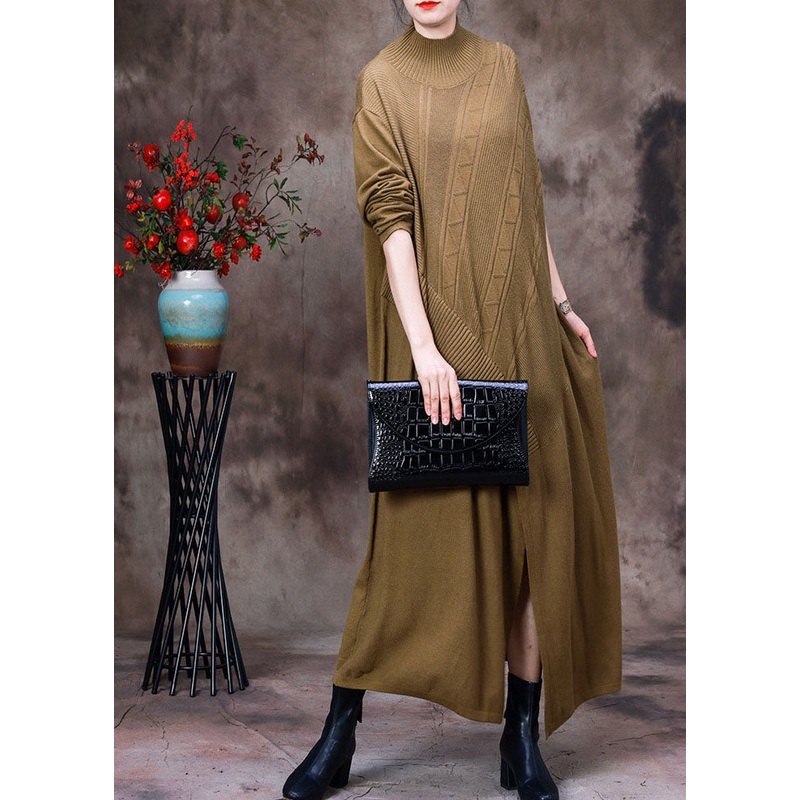 Women Yellow Turtle Neck Asymmetrical Side Open Knit Long Sweater Winter