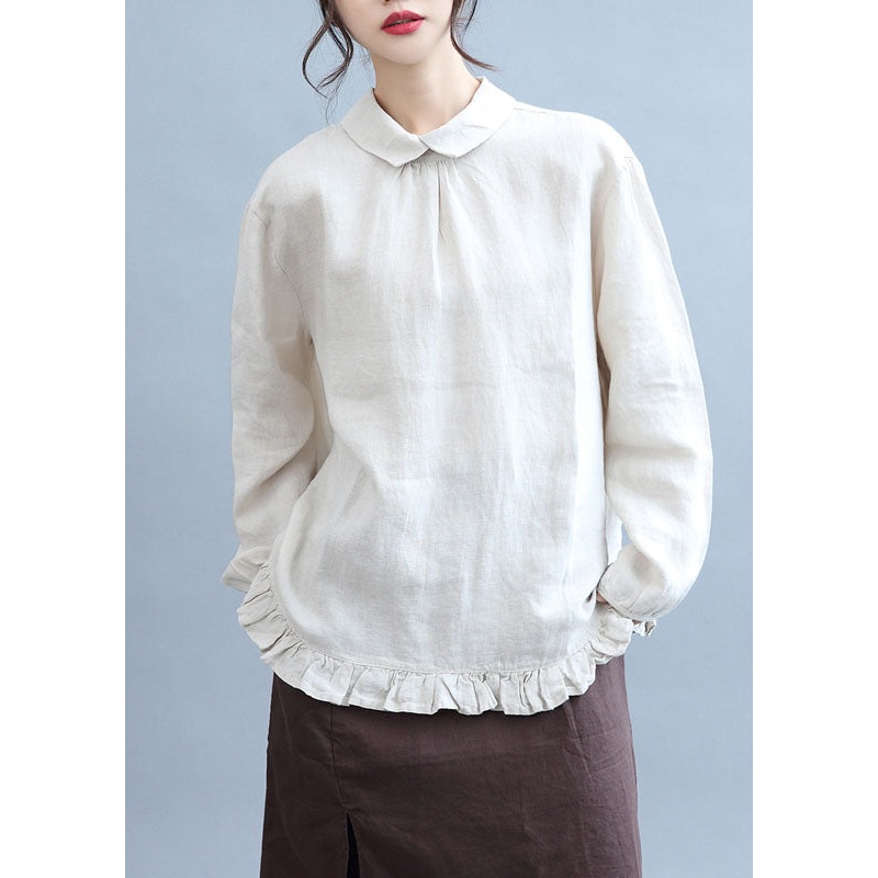 Art Beige Peter Pan Collar Ruffles Linen Shirt Top Fall