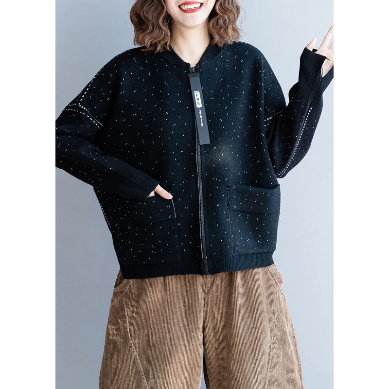Art Black Stand Collar Zip Up Dot Knit Coats Winter