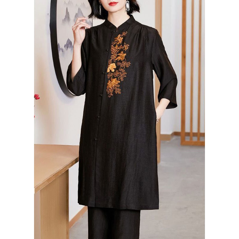 Art Black Stand CollarEmbroideried Silk Long Tops Bracelet Sleeve