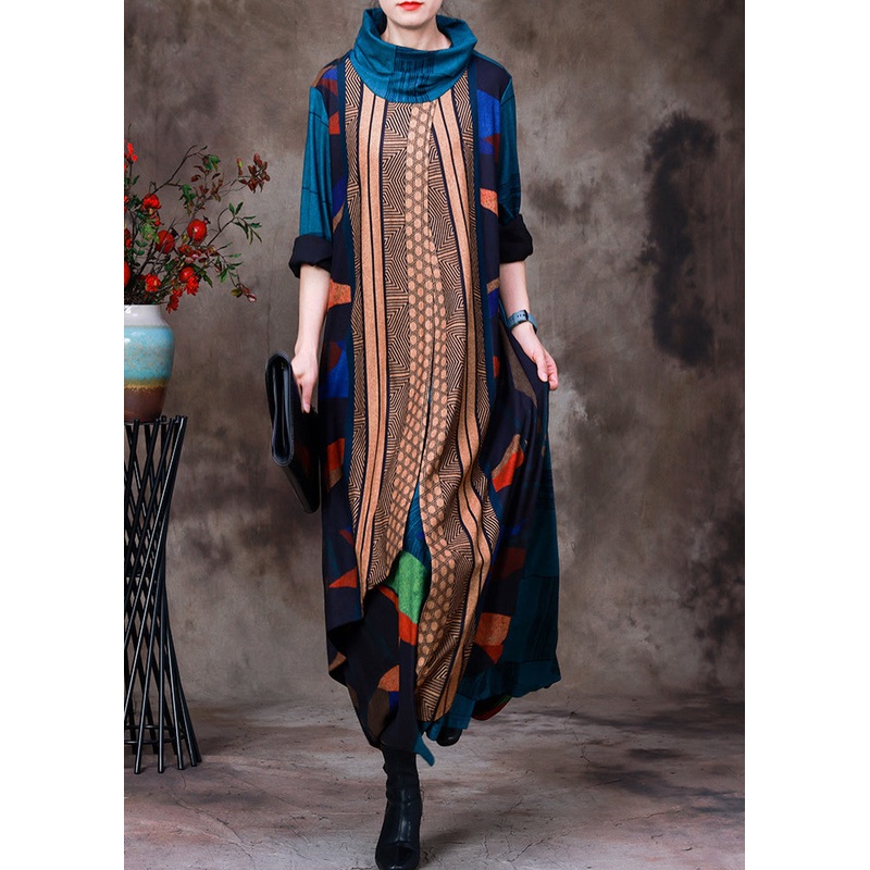 Art Blue Turtleneck Asymmetrical Print Velour Maxi Dresses Long Sleeve