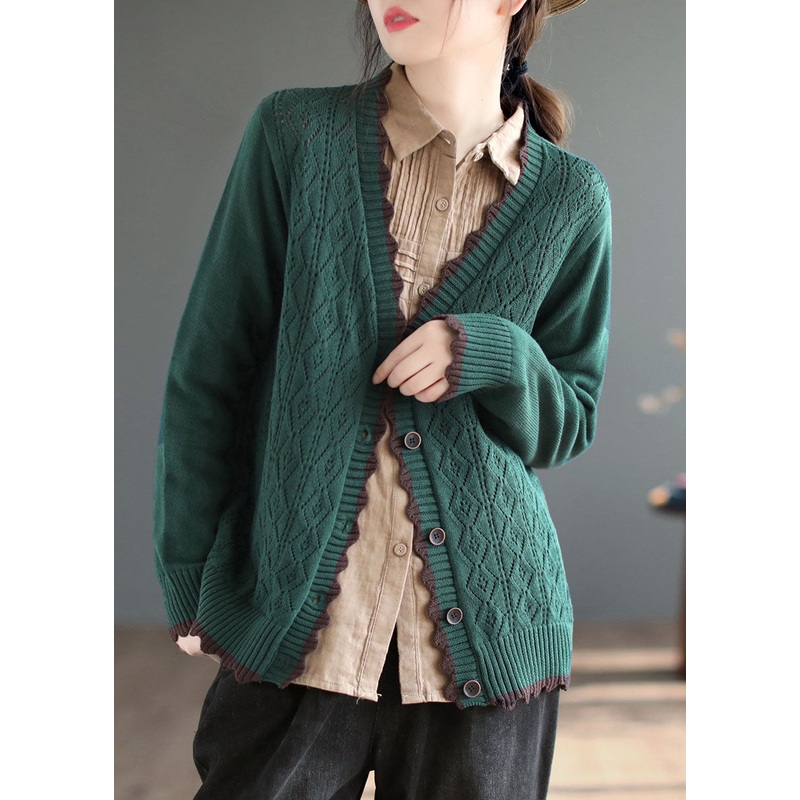 Art Green V Neck Single Breasted Knit Cardigan Winter