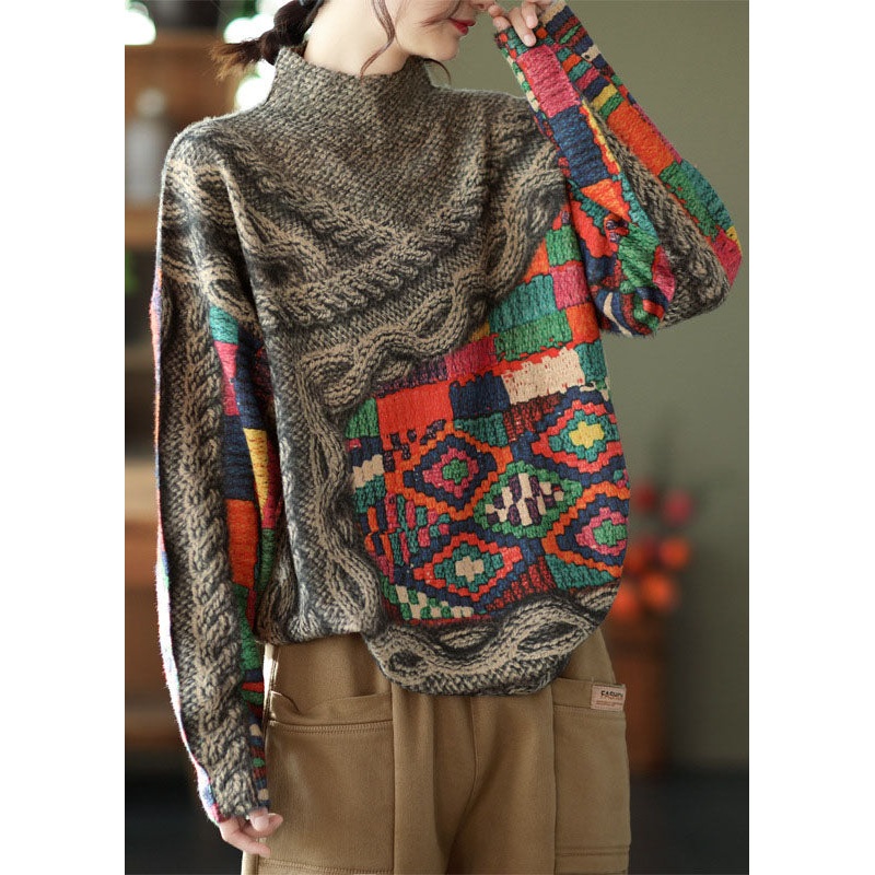 Art High Neck Tie Dye Print Mink Hair Knitted Sweater Tops Winter
