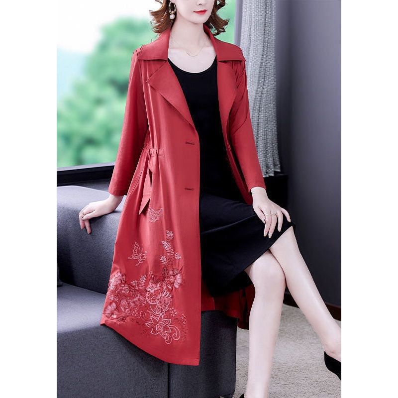 Art Red Notched Collar Pockets Spandex Trench Coat Outwear Fall