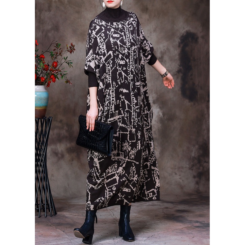Beautiful Black Turtleneck Print Knit Patchwork Long Dress Long Sleeve