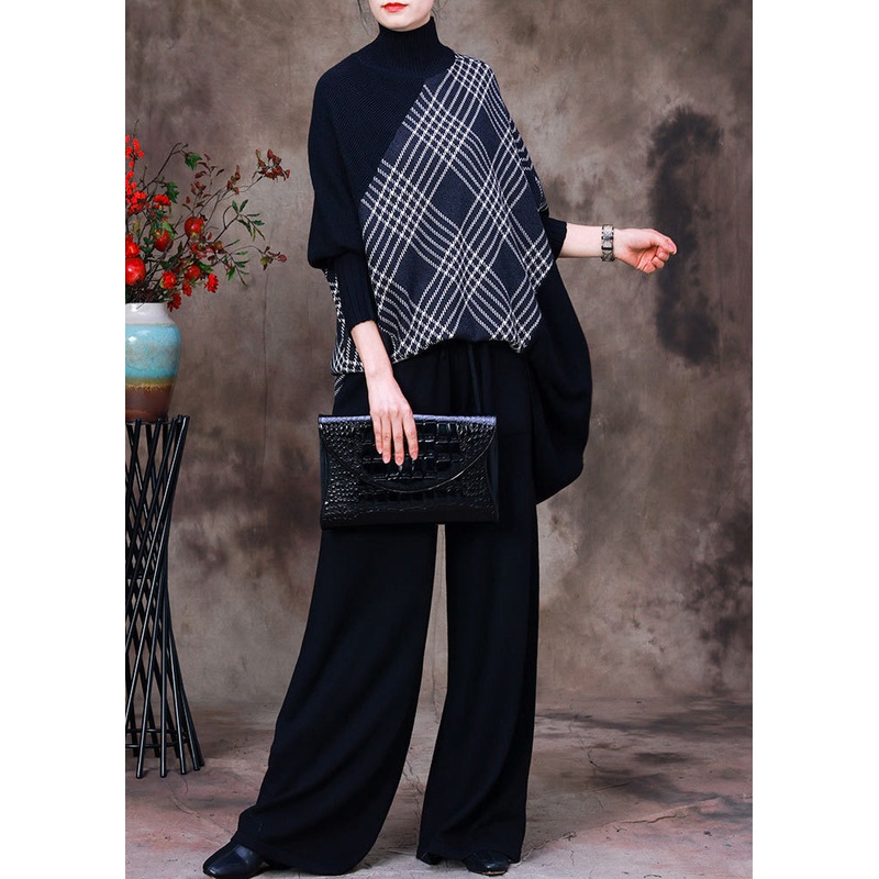 Beautiful Black Turtleneck Striped Plaid Patchwork Knit Sweaters And Wide Leg Pants Two Piece Set Fall