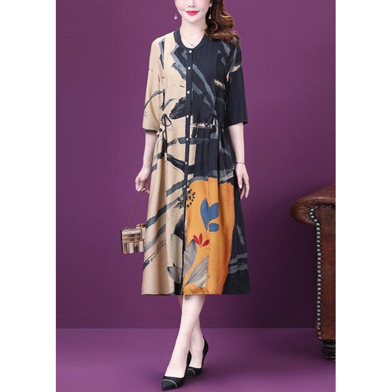 Beautiful Colorblock Drawstring Side Open Print Silk Dresses Summer