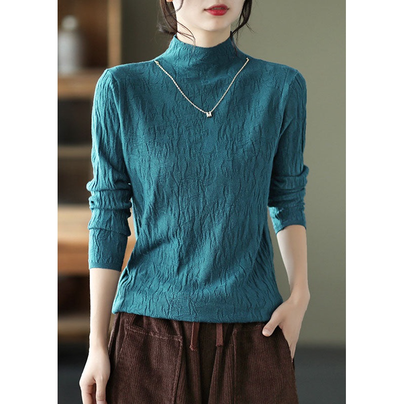 Beautiful Peacock Blue High Neck Solid Wrinkled Cotton Tops Fall