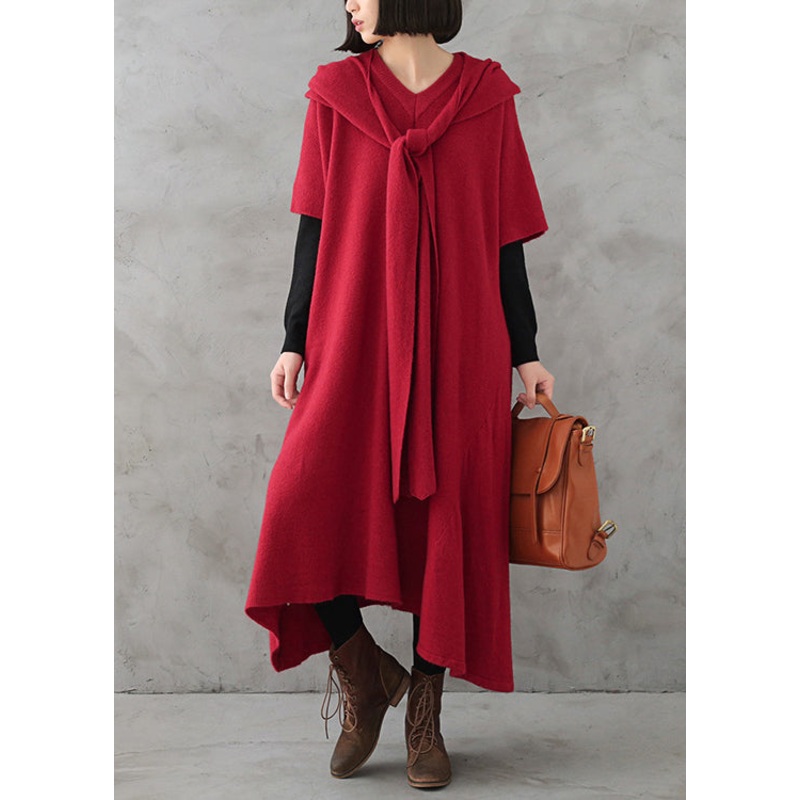 Beautiful Red V Neck Side Open Cashmere Knit Holiday Sweater Dress Fall