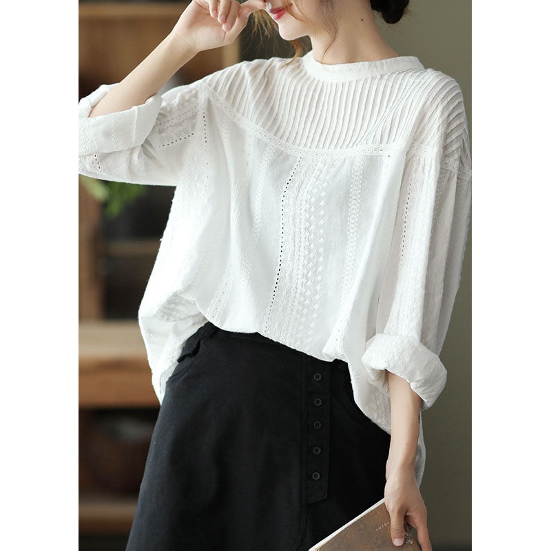 Beautiful White Hollow Out Patchwork Wrinkled Cotton Tops Fall