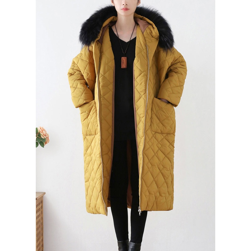 Beautiful Yellow Zippered Warm Hooded Long Parka Winter