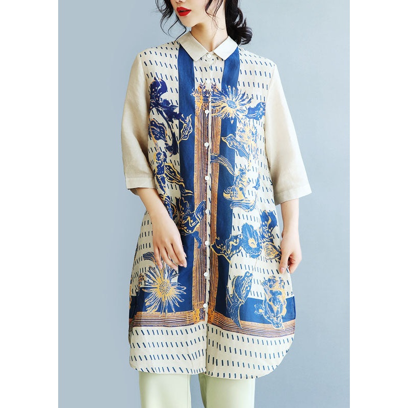 Beige Print Linen Long Shirt Top Side Open Half Sleeve