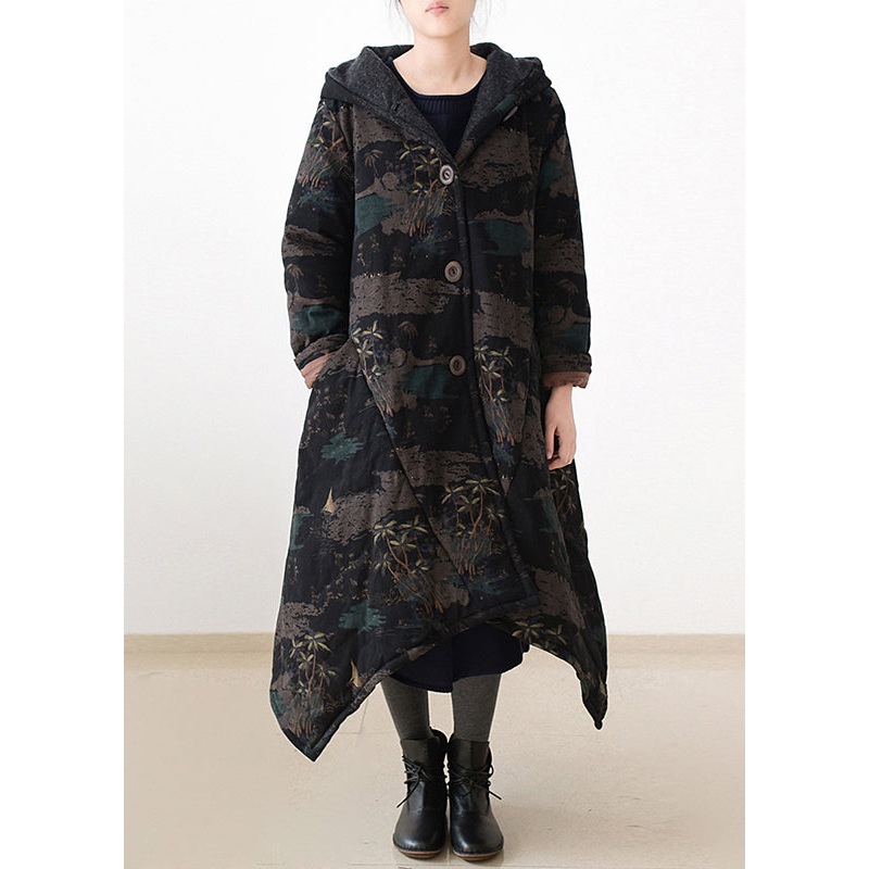 Black Button Warm Thick Hooded Long Parka Coats Winter
