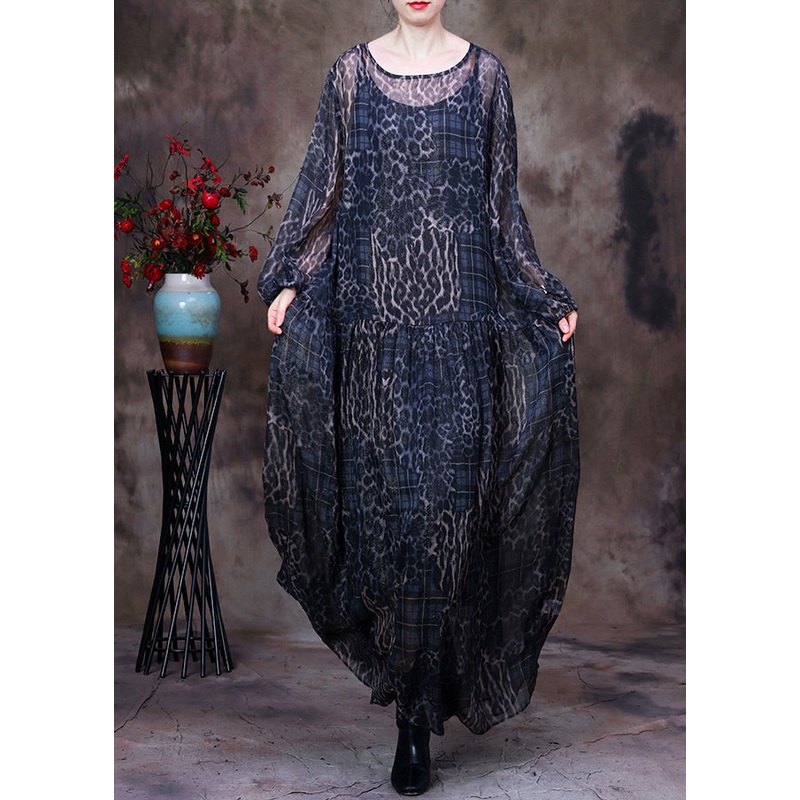 Black Coffee O-Neck Print Maxi Dress And Suspenders Two Pieces Set Fall