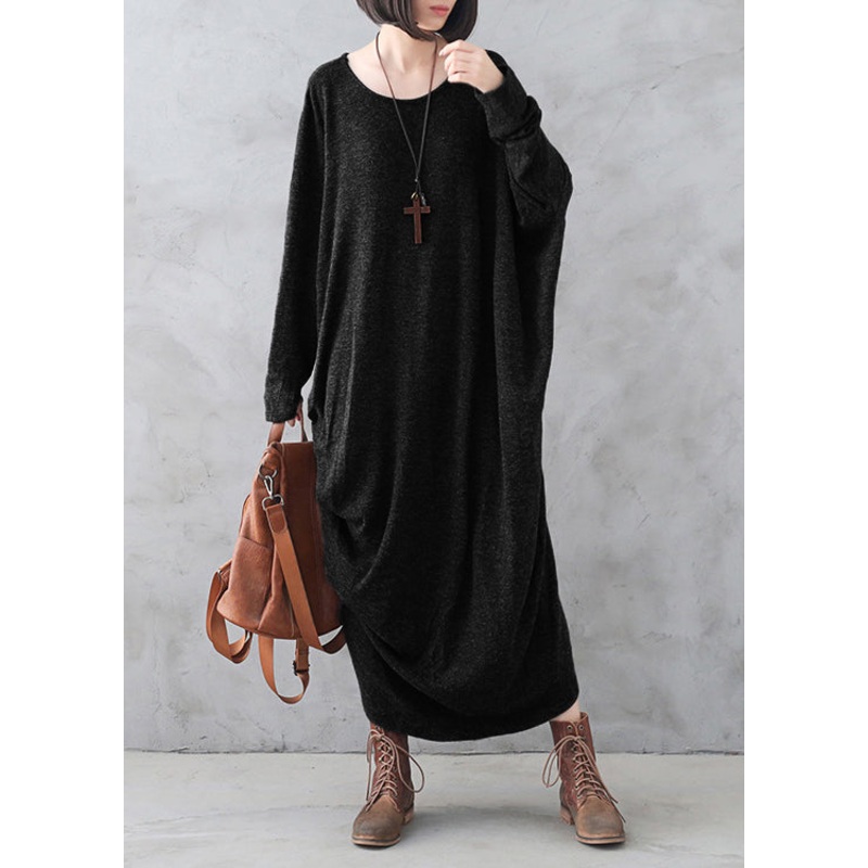 Black O-Neck Low High Design Wool Knit Maxi Sweater Dress Fall