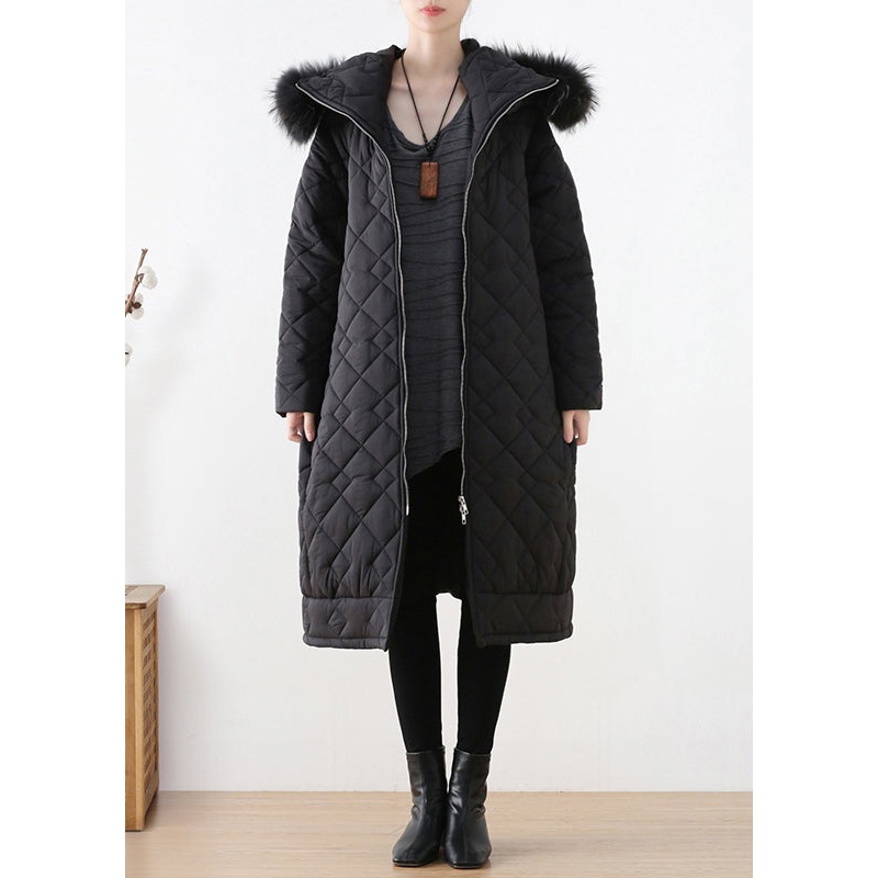 Black Plaid Thick Hooded Long Parka Winter