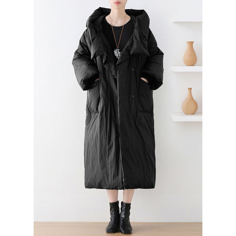 Black Turtleneck Button Duck Down Hooded Long Down Coat Winter