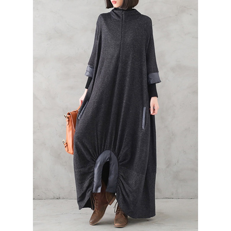 Black Turtleneck Patchwork Cashmere Knit Sweater Dress Winter