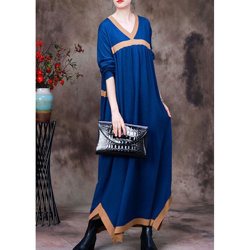 Blue Patchwork Knit Vacation Dresses Asymmetrical Long Sleeve
