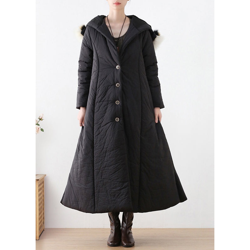 Bohemian Black Button Hooded Long Parka Winter