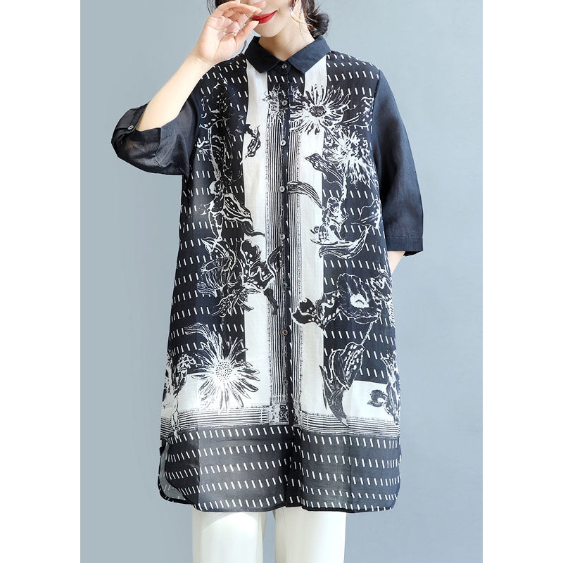 Bohemian Black Peter Pan Collar Print Linen Long Shirt Tops Half Sleeve