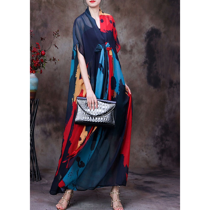 Bohemian Blue V Neck Print Chiffon Beach Dresses Short Sleeve
