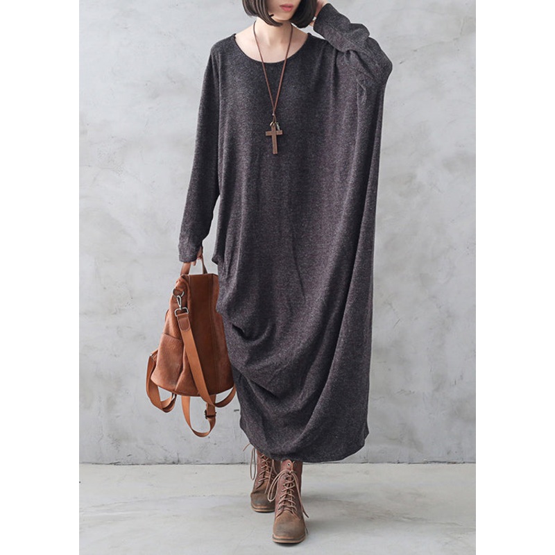 Bohemian Dark Grey O-Neck Asymmetrical Wool Knit Maxi Sweater Dress Fall