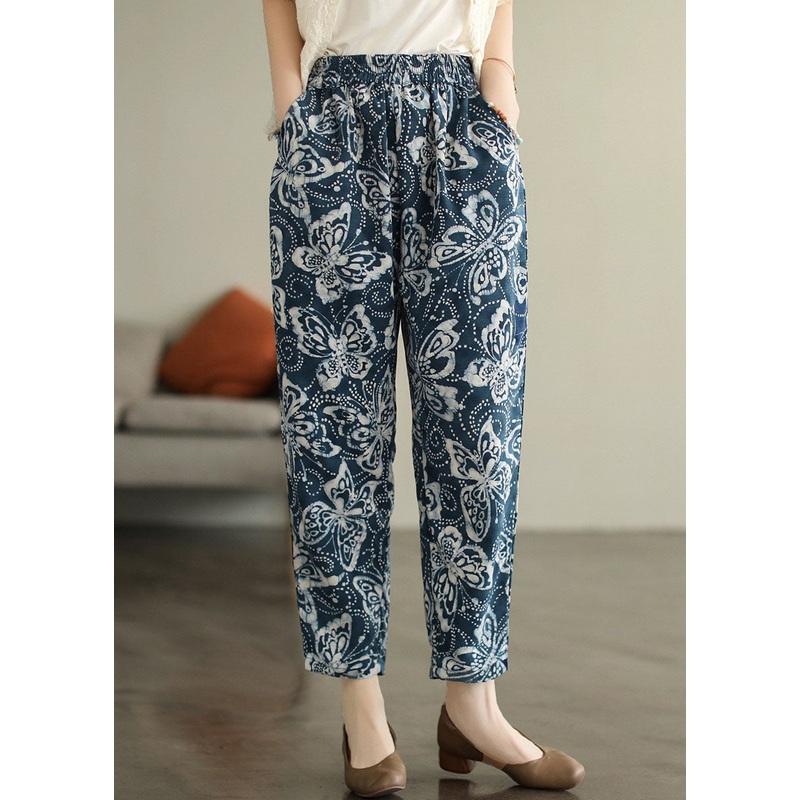 Bohemian Navy Elastic Waist Print Cotton Crop Pants Fall