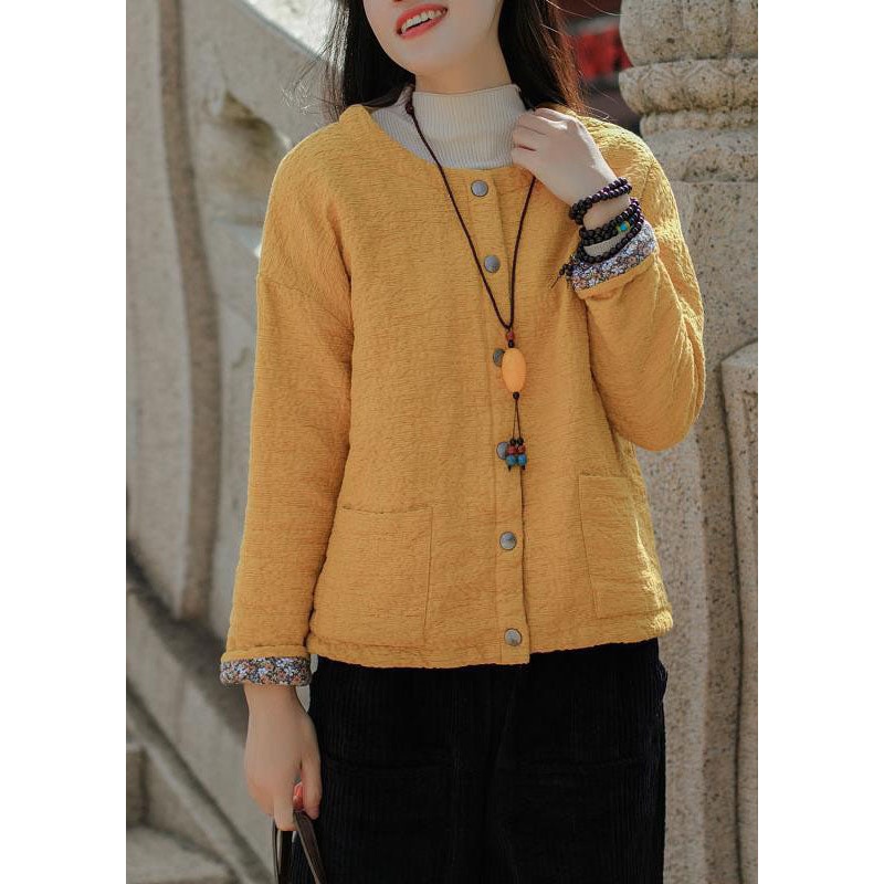 Bohemian Yellow Jacquard Solid Fine Cotton Filled Coat Outwear Winter