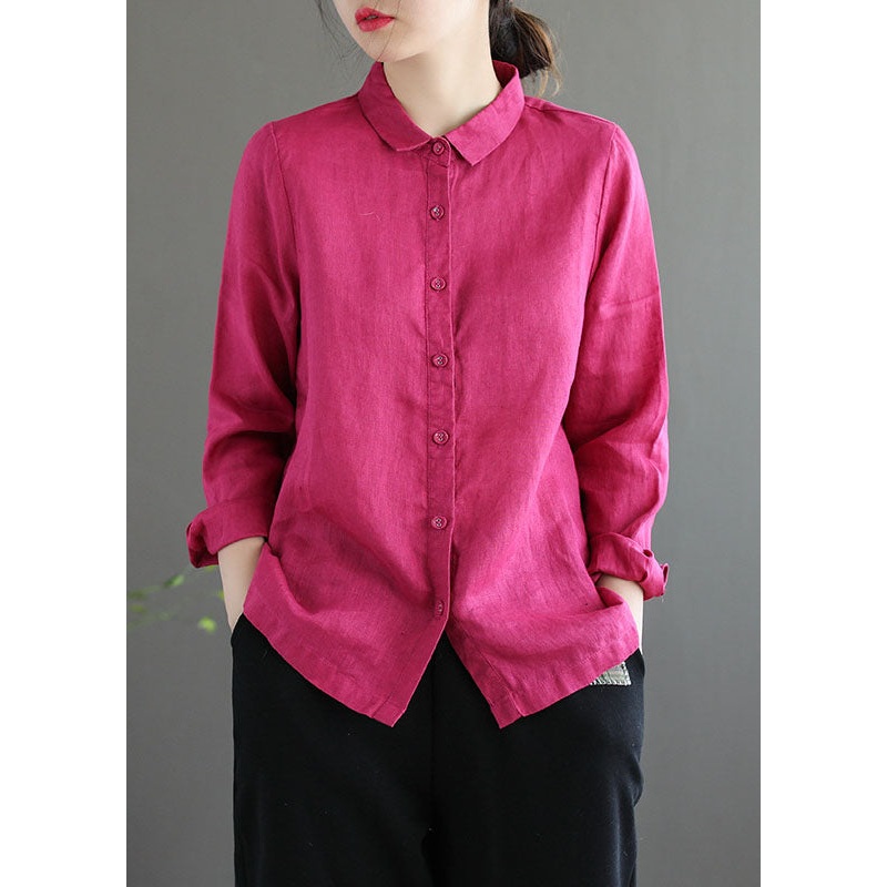Boho Rose Peter Pan Collar Solid Color Single Breasted Linen Shirt Top Fall