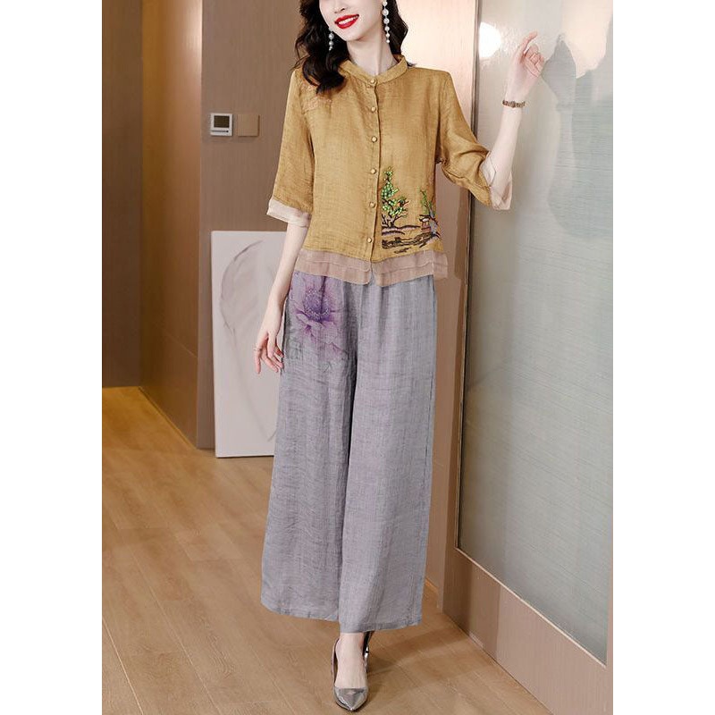 Boho Yellow Embroideried Patchwork Linen Two Pieces Set Summer