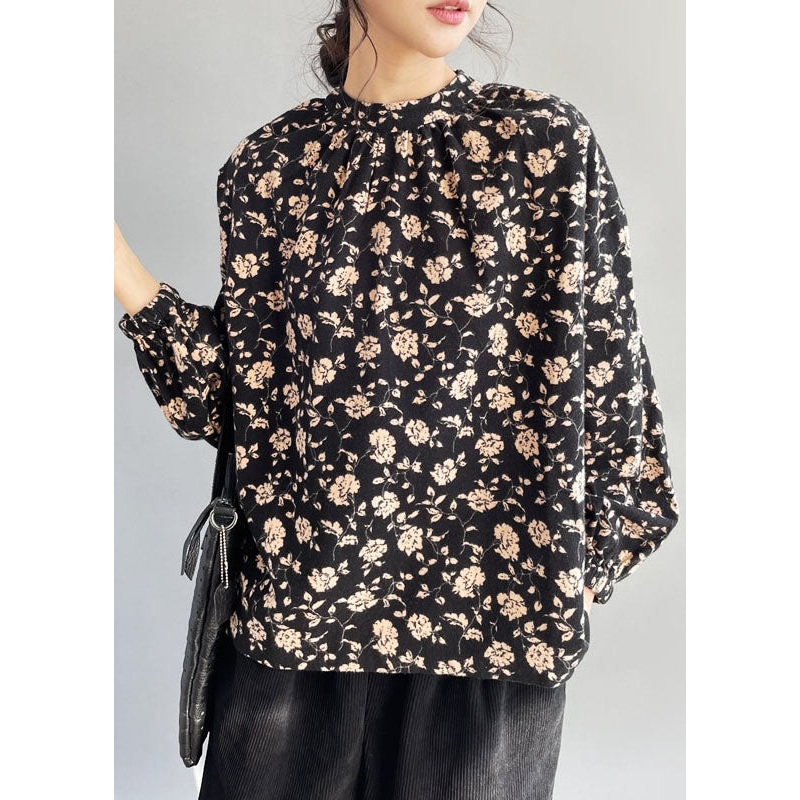 Boutique Black Stand Collar Print Thick Cotton Top Fall