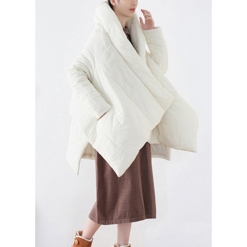 Boutique White V Neck Asymmetrical Low High Design Parka Winter