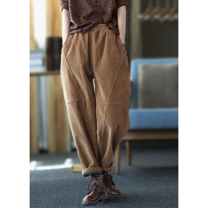 Brown Patchwork Thick Corduroy Pants Elastic Waist Solid Winter