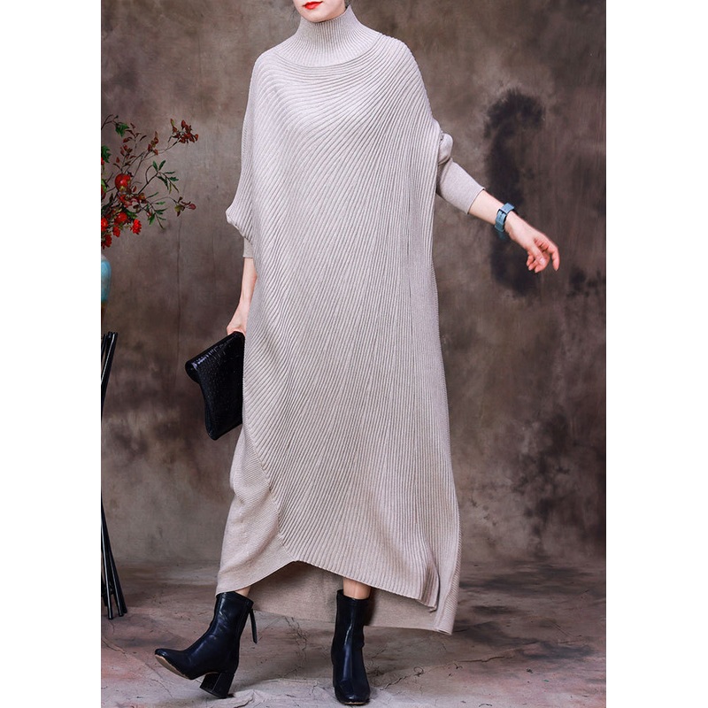 Casual Apricot Turtleneck Low High Design Woolen Knit Ankle Sweater Dress Long Sleeve