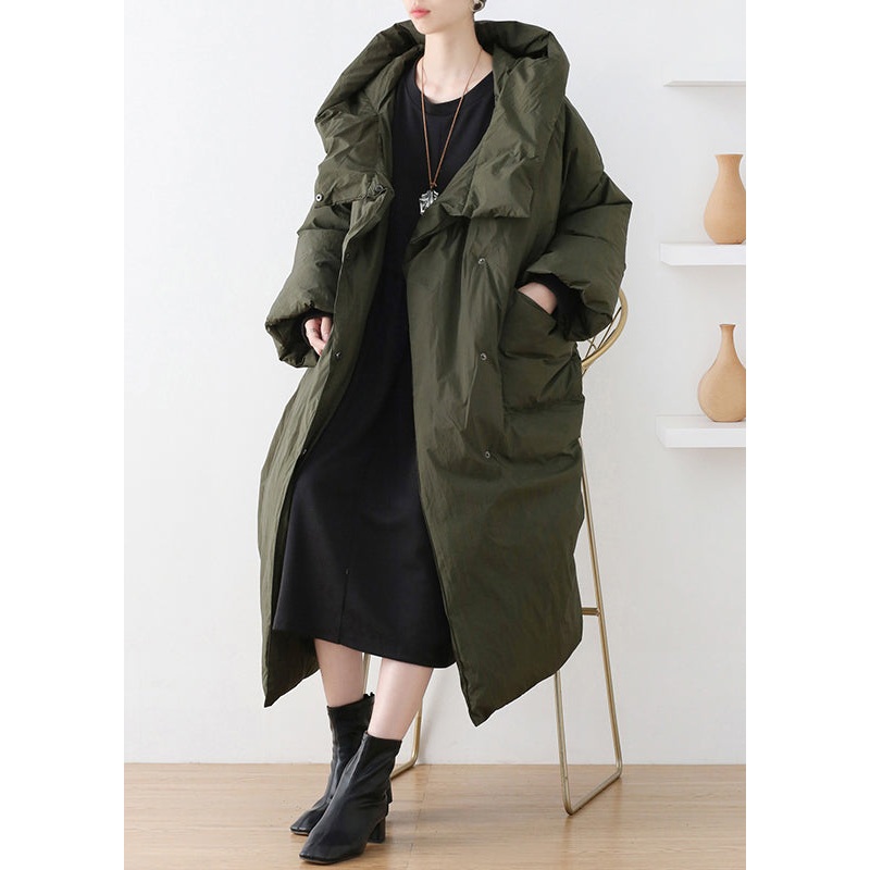 Casual Army Green Turtleneck Zippered Duck Down Hooded Long Down Coat Winter