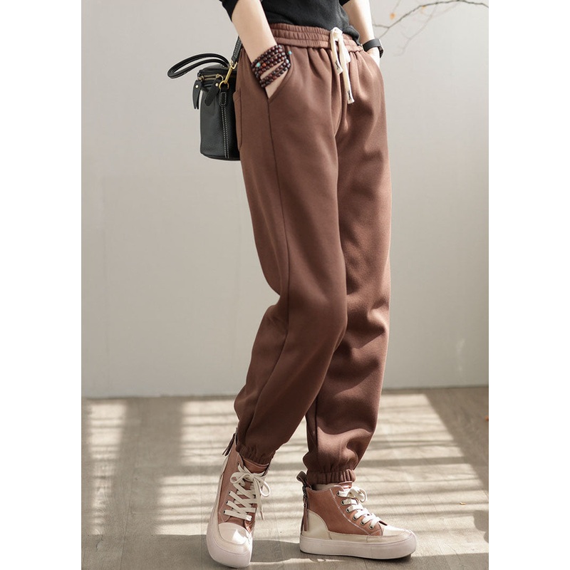 Casual Coffee Elastic Waist Oversized Warm Fleece Pants Winter