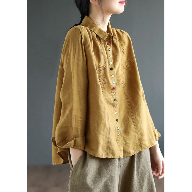 Casual Yellow Peter Pan Collar Embroideried Linen Blouse Tops Fall