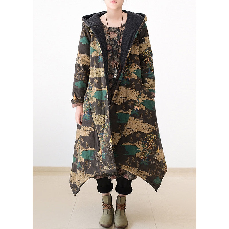 Casual Yellow Print Warm Thick Hooded Long Parka Coats Winter
